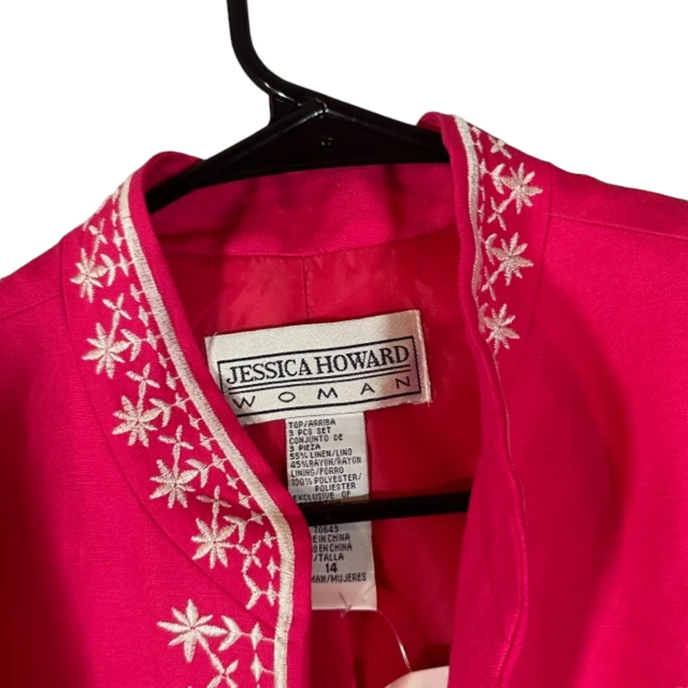 Jessica Howard Pink Floral Trim Opened Mock Neck Barbie Blazer Women Sz 14 VTG